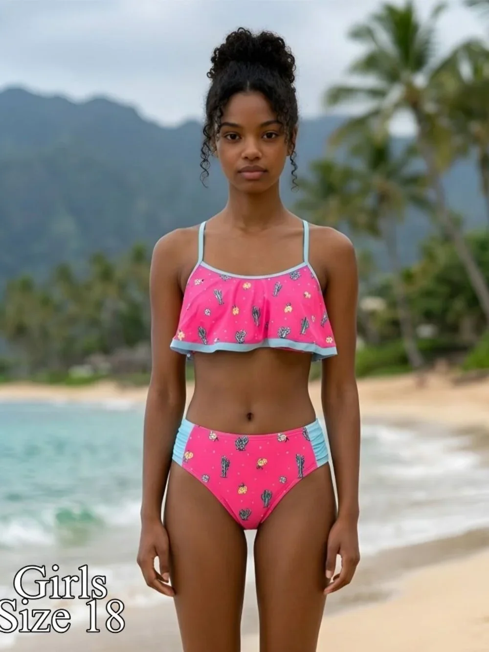 Justice ✦ Girls Racerback Tankini Ruched Bottoms Set ✦ Cactus Print Pink Blue 18